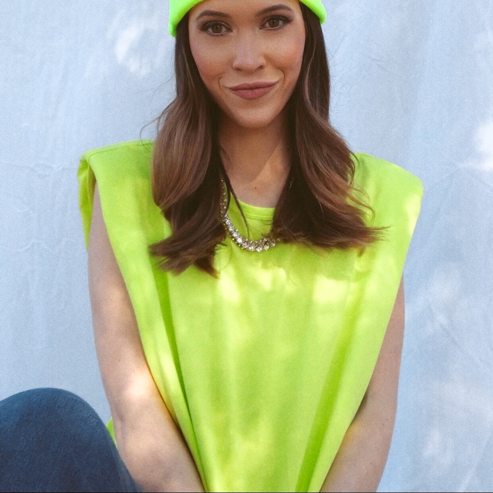 Neon oversized sleeveless tank top w shoulder pads
